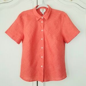 Talbots Orange Irish Linen Short sleeve Button Front Top Womens 16